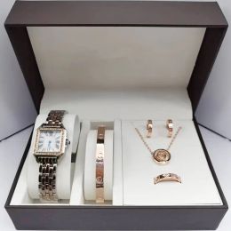 5 pçs conjunto moda feminina jóias relógios senhoras vestido de couro branco relógio de quartzo feminino zircão colar brincos anel relógio de pulso panthere santo congelado relógio