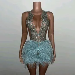 Black Girl Diamond Blue Short Prom Dress 2024 Beads Crystals Birthday Cocktail Gowns Feathers Sexy Cocktail Dresses