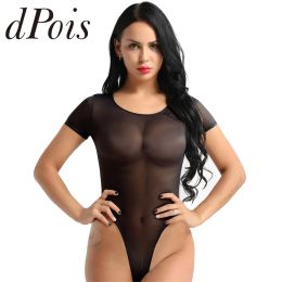 Swimwear Women One Piece Swimsuit Thong Sexy Mesh See Through Sheer Lingerie Short Sleeve Bodysuit Female Round Neck Monokini Swimwear