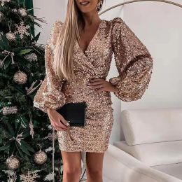 Dress New Sexy V Neck Bodycon Sequin Party Dress Office Lady Fashion Lantern Sleeve Mini Dress Women 2022 Popular Puff Shoulder Dress