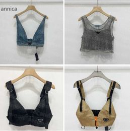 Shiny Rhinestone T Shirts Women Denim Sling Vest Sexy Cropped Top Party Tank Tops V Neck T-Shirt Bra433536