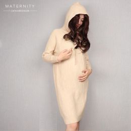 Dresses Carecode Autumn Maternity Hooded Sweater Winter Casual Korean Loose Warm Long Sleeve Solid Color Midi Knitted Maternity Dress