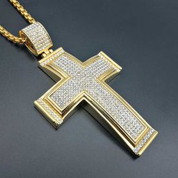 Hip Hop Iced Out Big Cross Pendant Necklace For Men 14k Yellow Gold Rhinestone Hiphop Christian JewelryFK9W