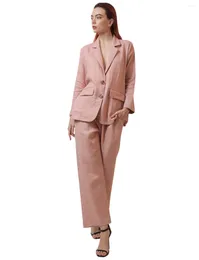 Women's Two Piece Pants Linen Pieces Suit Notch Lapel Buttons Tuxedos Office Lady Casual Daily Party