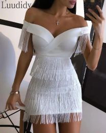 Dresses White Fringe Celebrity Evening Runway Party Dress Women Sexy Tassels Short Sleeve Club Dress Vestidos