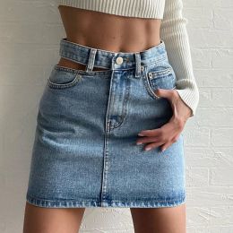 Skirt Sexy Women Denim Mini Skirt Female Hollow Out Chain Design Slim Denim Summer Blue Skirts Harajuku Multisize Casual Cotton