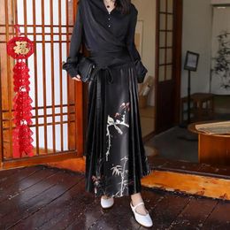 Skirts Chinese Skirt Overlapping Elegant Vintage Style Women Maxi With Horse Face Print High Waist Pleated Lace-up