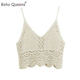 Camis Boho Queens Hippie Women Hollow Out Sleeveless Crop Tops Beach Bohemian Tassel Knitted Ruffles Boho Camis Feminino