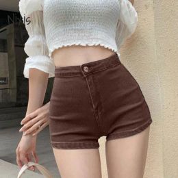 Shorts elastiska denim kvinnor koreanska mode hög midja smal brun brun mini sommar vintage babes sexiga bottnar kvinnliga kläder