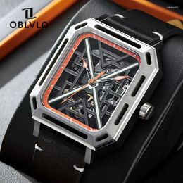 Wristwatches OBLVLO Rectangular Transparent Dial Skeleton Watch Fashion Luminous Men Sport Wristwatch Sapphire Glass Waterproof Clock