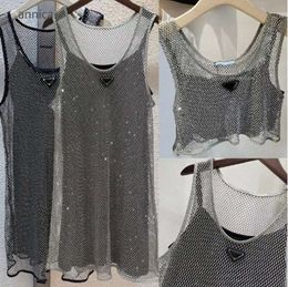 Casual Dresses Designer Sleeveless Womens Hollowed Black Satin Sling Rhinestone Shiny Hollow Vest 2pcs Set Denim Bra Tops Size S-L46567