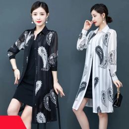 Trench 2021 Sun Protection Clothing Women LongSleeved Thin Jacket Summer MidLength Shawl Cardigan High End Chiffon Print Top Female