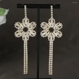 Dangle Earrings Luxury Trendy Rectangular Sunflower Flower Tassel Droplets Cubic Zirconia Women Bridal Dress Wedding Jewellery A0255