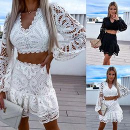 Work Dresses Women Y2k 2 Piece Outfit Lace Floral Sheer Mesh Backless Tie-up Ruffle Crop Top Ruched Mini Skirt Sets Streetwear