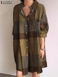 Dress ZANZEA Summer Plaid Checked Shirt Dress Women Vintage Long Sleeve Loose Sundress Casual Laple Neck Kneelength Vestido Oversize