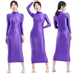 Dresses Sexy Glossy Women Bodycon summer Dress Wrap buttocks Shiny Smooth Tight purple black Orange robe Dress long skirt body suits