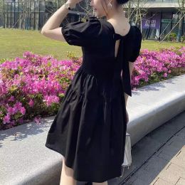 Dresses 2024 Summer Maternity Mini Dress Backless Square Collar Puff Sleeve Pregnant Woman Ball Gown Dress Loose Pregnancy Dress Bowknot