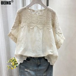Blouse Cotton Linen Embroidery Hollow Shortsleeved Shirt Female 2023 Summer New Korean Fashion Blouse Temperament Casual Vintage Tops