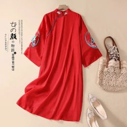 Dress 2023 Autumn Chinese Style Lotus Embroidered Cheongsam Dress Women Elegant Red Large Size Thin Casual Loose Party New Year Dress