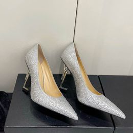 Dress 10cm Women Designer Heels Crystal Slingback Pumps Pointed Toe Slides on Luxury Shoes Fashion Letter Hardware Heel Full Rhinestone Top Mirror Quality 2024 New