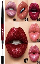 Multifunction 2 in 1 glitter liquid lip gloss lip liner longlasting nonstick cup shinning lipstick 7 colors8719086