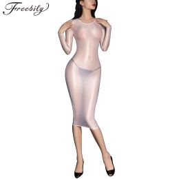 Dress Party Night Sexy Bodycon Dress Women Oil Glossy Sheer See Through Shiny Silk Smooth Tight Long Sleeves Midi Dresses Clubwear