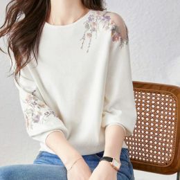 Pullovers Korean Summer Flower Embroidery 2023 Hollow Out Pullover Off Shoulder Knitted TShirt Cotton Sweater Spring Women Sweet Tops