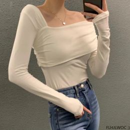 T-Shirts Chic Korea Fashion Tops Pullovers New 2023 Autumn Winter Basic Wear Tees Solid White Black Slim Fitted Bodycon Cotton TShirts
