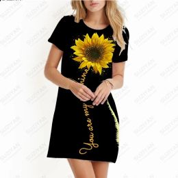 Dress FashionNew Spring Summer Women's Dress Rose Butterfly Sunflower 3D Print Beach Dress Round Neck Short Sleeve Casual Aline Dress