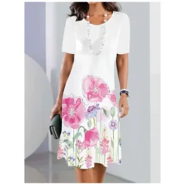 Dress New Womens Dresses 3d Flowers Print Short Sleeve Clothes Fashion Loose Elegant Skirt Summer Lady Oversized Vacation Dresses 2023