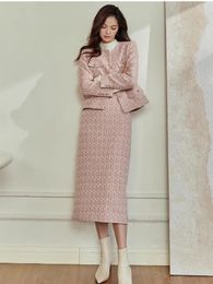 Autumn and Winter Pink Womens Suit Jacket Skirt Set Elegant Coat Top Long Office Lady Tweed Twopiece 240226