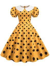 Dress Peter pan Collar Elegant Women Summer Dress Puff Short Sleeve Polka Dot Vintage Dress Aline Midi Party Sundress