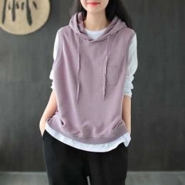 Waistcoats Women's Cotton Hooded Vest Spring and Autumn Korean Fashion Loose Sleeveless Jacket Leisure Women's Sleeveless Sweatshirt New