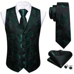Vests Elegant Silk Vest for Men Black Green Flower Slim Fit Waistcoat Necktie Set Formal Business Sleeveless Jacket Barry Wang