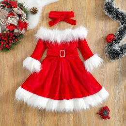 Girl Dresses Christmas Dress Kid Baby Clothes Faux Fur Patchwork Long Sleeve Off Shoulder A-Line With Belt Bow Headband