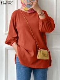 Clothing 2023 ZANZEA Women Fashion 3/4 Lantern Sleeve Blouse Vintage O Neck Casual Loose Shirt Female Solid Muslim Tops Islamic Clothing