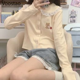 Cardigans Spring Summer Sweet Thin Cardigan Women Japanese Kawaii Lace Peter Pan Collar Bear Embroidery Crop Tops Girls Cute Y2k Kardigan