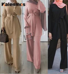 Ramadan Eid Muslim Dress Women 2pecs Set Blouse Wide Leg Pants Dubai Abaya Laceup Solid Ropa Kaftan UAE Islamic Turkey African Y26160074