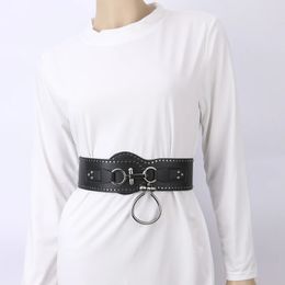 2023 Womens Wide Elastic Stretch Waist Belt Vintage Faux Leather Dress Black Waistband SXXL 240219