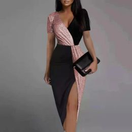 Dress Hot Sale Ladies Sexy Cocktail Party Dresses For Women 2022 Plus Size Colorblock Sequined Waist Dress Cocktail Dress robe femme