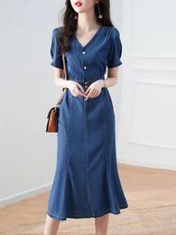 Casual Dresses Collar Split Fishtail Dress For Commuter Summer Korean Style Waist Trimming Fashion Slimming Elegant
