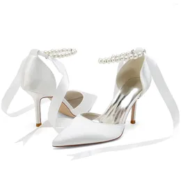 Sandals Women Pearls Buckle Strap Satin Belt High Heel Pointed Pearl Ribbon Hollow Wedding Shoes Bridal Bridesmaid