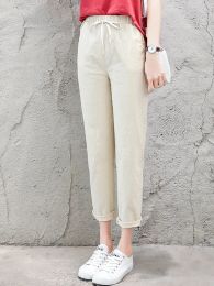 Capris Casual Cotton Linen Ankle Length Women's Pants 2023 Spring Summer High Waist Elastic Harem Pants White Solid Trousers Female