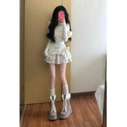 Suits Spicy Girl One Shoulder Sweater Cake Skirt Two Piece Set Women Korean Fashion Sweet Knitwear Solid Slim Lace Up Temperament Suit