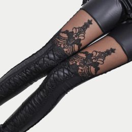 Leggings women Punk Black fake leather gothic lace stitching Legging bandage floral leggings lady slim capris immitation leather pants