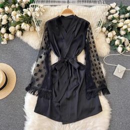 Casual Dresses SuperAen 2024 Autumn Retro Style Nightgown Dress Women's Mesh Tassel Tie Design Black