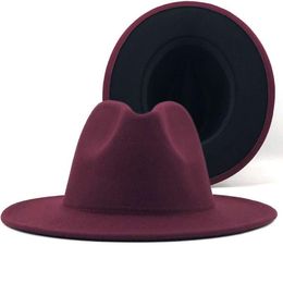 Classics Women Men Outer wine Red Inner Black Wool Felt Jazz Two Tone Fedora Hat Vintage British Style Wide Brim Panama Cap230U