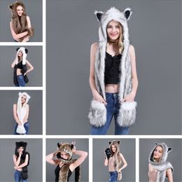 3 In 1 Women Men Fluffy Plush Animal Wolf Leopard Hood Scarf Hat with Paws Mittens Gloves Thicken Winter Warm Earflap Bomber Cap 23205