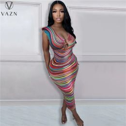 Dress VAZN 2023 Hot Sales Striped Parity Young Sexy Hotsweet Deep VNeck Tank Sleeve High Waist Women Skinny Long pencil Dress