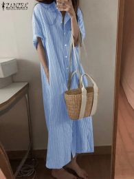 Dress 2023 ZANZEA Fashion Women Striped Long Shirt Dress Summer Lapel Neck Half Sleeve Sundress Casual Loose Party Vestido Robe Femme